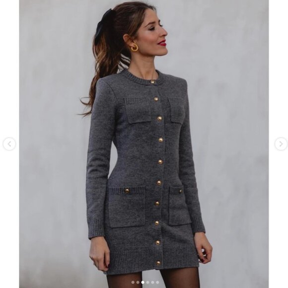 ZARA WOMAN GRAY KNIT POCKET MINI DRESS Gold buttons Long sleeves 3920/031 S NWT - Picture 1 of 13